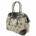 Designer Inspired Bowling Bag - Striped Cotton w/ Buttons - Black - BG-LB1005BK